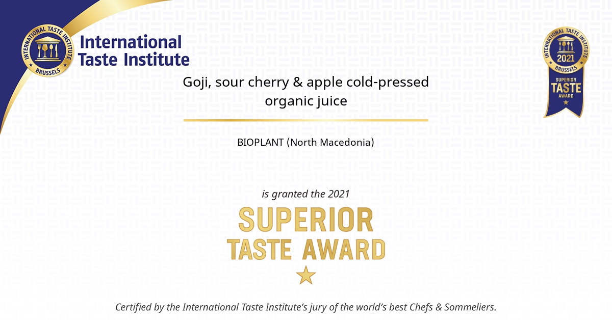 Certificate image of Goji, sour cherry & apple cold-pressed organic juice